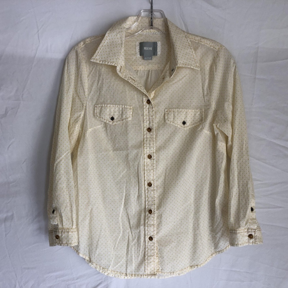 Maeve Anthropologie Shirt Womens 4 White Polka Dot Button Front Long Sleeve